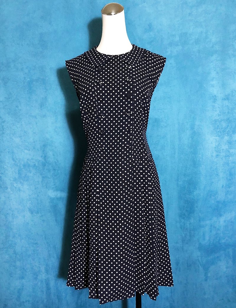 Dotted double-breasted small round sleeveless vintage dress / Foreign brought back VINTAGE - ชุดเดรส - เส้นใยสังเคราะห์ สีน้ำเงิน