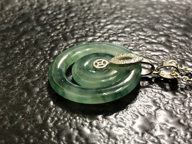 快速出貨天然緬甸玉翡翠 冰種飄花 母子平安扣  925銀墬頭 銀項鍊 - 項鍊 - 玉石 綠色