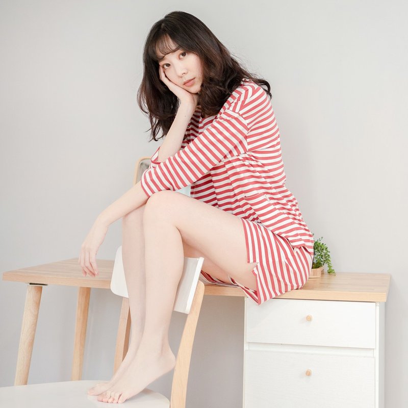 UMORFIL膠原蛋白條紋圓領七分袖居家服-紅色 - 睡衣/居家服 - 棉．麻 紅色