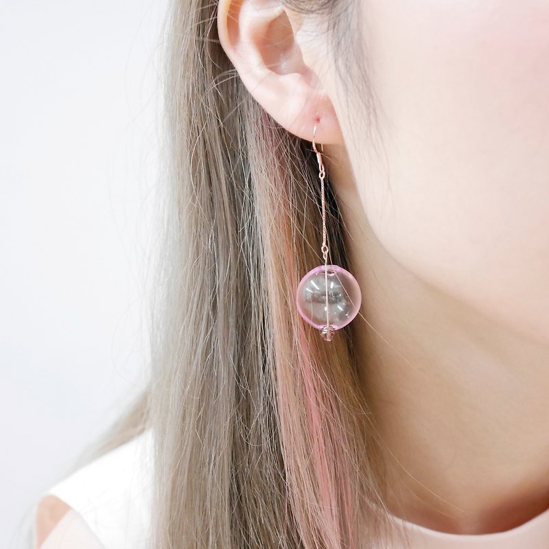 簡約Bubble Bubbles 立體氣泡玻璃球粉紅色18K 玫瑰金純銀耳環 - 耳環/耳夾 - 玻璃 粉紅色