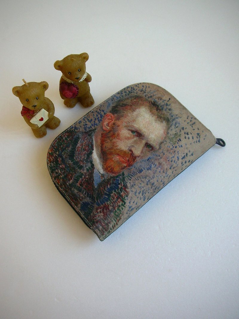 Van Gogh Self-Portrait (B) - Short Clip/Wallet/Coin Purse/Gift - กระเป๋าสตางค์ - ผ้าฝ้าย/ผ้าลินิน สีน้ำเงิน