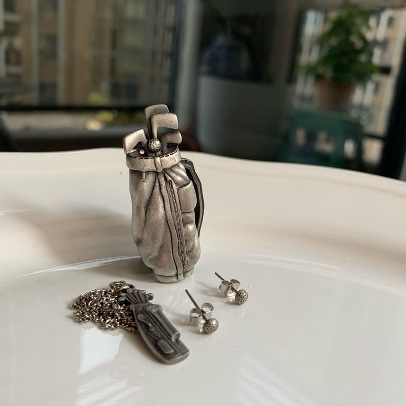 Early Collection - Miniature Tin Golf Equipment Jewelry Box Set with Jewelry Box, Earrings, Pendant - Other - Other Metals 