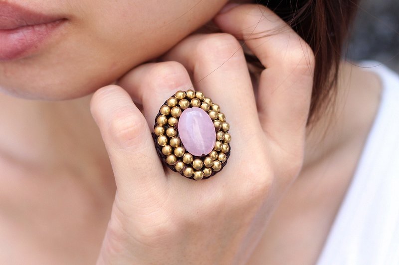 Rose Quartz Stone Woven Ring Oval Beaded Crochet Free Size Adjsutable - General Rings - Stone Pink