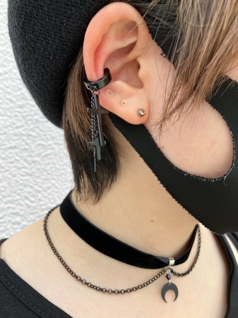 3-row cross ear cuff/ Silver/black/hellcatpunks/hcp-ac-0235 - Earrings & Clip-ons - Copper & Brass Black