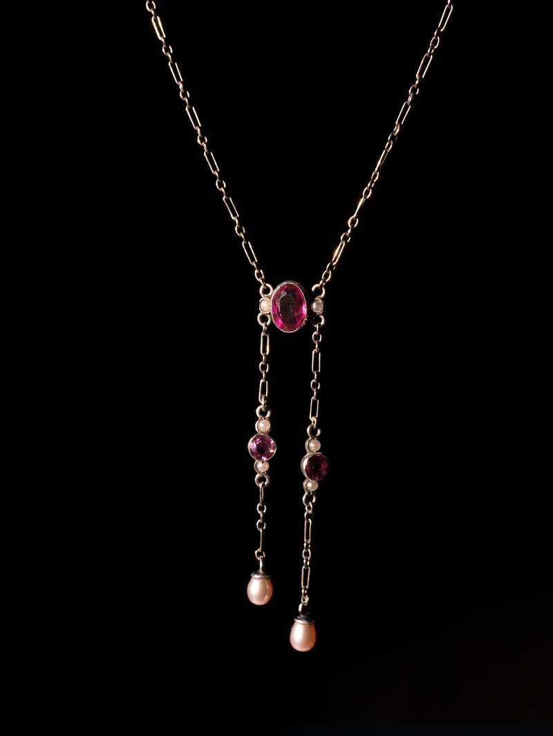 1910s British Edwardian peach pink pearl morning wisp necklace - Necklaces - Silver Pink