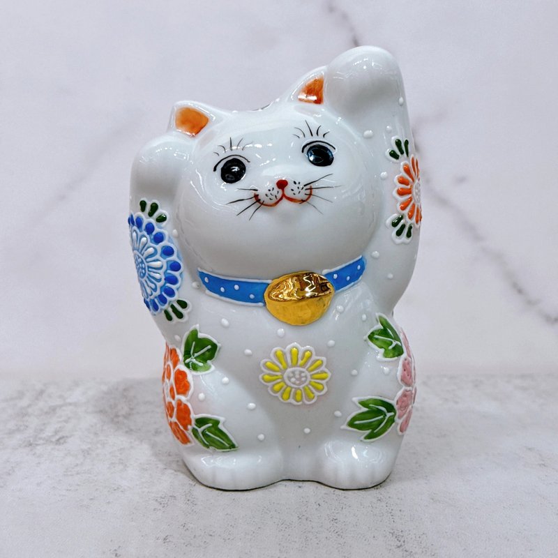 【花漾招財】日本九谷燒招財貓 | 両手 - 花園 4號 - 擺飾/家飾品 - 瓷 白色