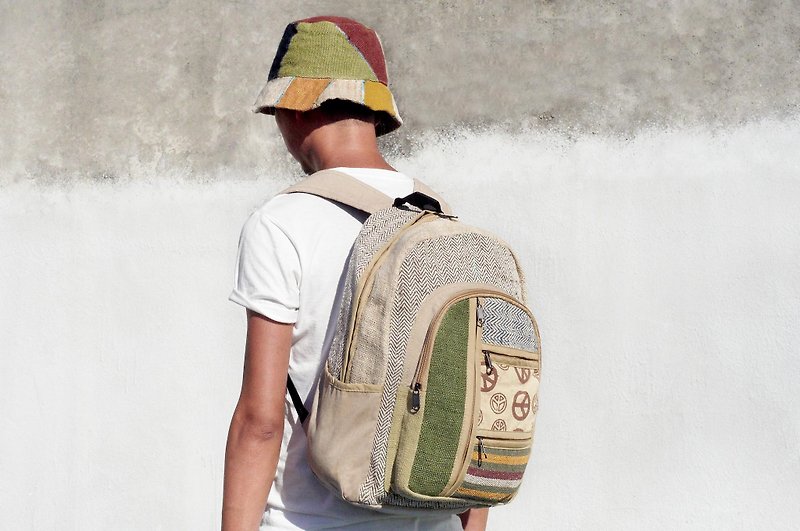 Christmas limited edition handmade cotton spliced ​​design backpack / shoulder bag / Ethnic mountaineering pack - grass green peace after ethnic backpack - Backpacks - Cotton & Hemp Multicolor
