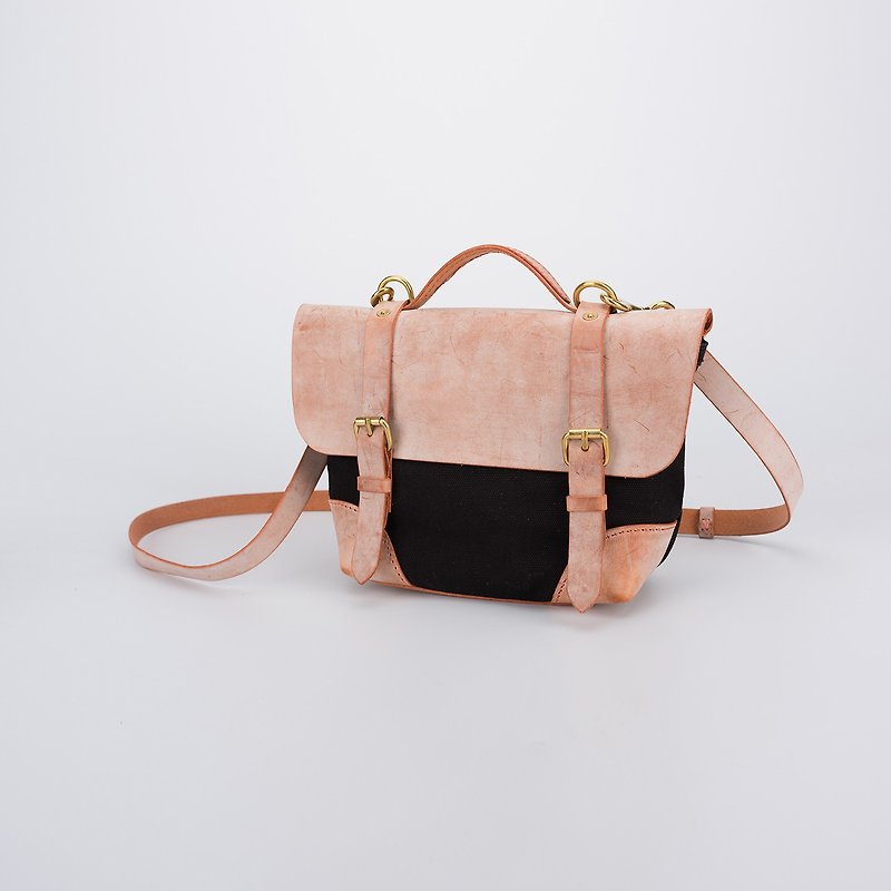[Canvas meets leather] Summer lightweight small canvas messenger bag handbag shoulder bag fog Wax color matching - Messenger Bags & Sling Bags - Cotton & Hemp Multicolor