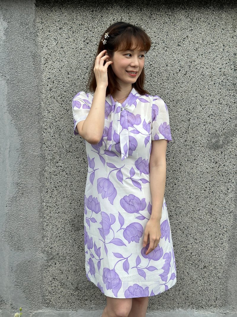 Cheongsam style purple flower dress - One Piece Dresses - Polyester Purple