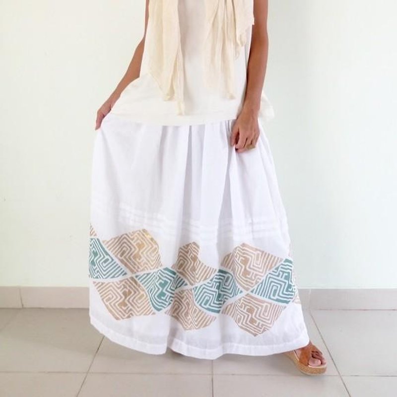 Made-to-order / green / block print gathered skirt - Skirts - Cotton & Hemp White
