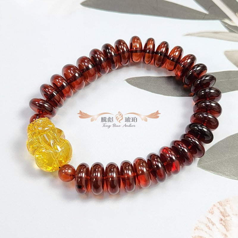 騰彪琥珀 天然琥珀蜜蠟 血珀算盤 招財金珀貔貅 設計精品款 手鍊 - 手鍊/手環 - 半寶石 黃色