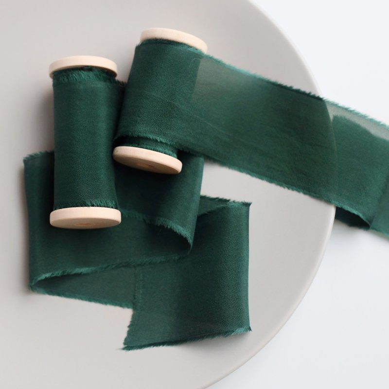 Pine Silk Ribbon / Hand Dyed Silk ribbon on Wood Spool - Gift Wrapping & Boxes - Silk Green