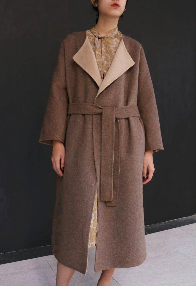 Oatmeal Coat 雙面喀什米爾敞開式綁帶大衣 (有其他顏色選擇) - 外套/大衣 - 羊毛 