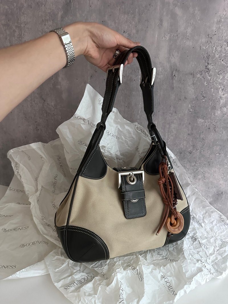 中古包 PRADA 普拉達 布拼皮 Hobo 腋下包 - 手提包/手提袋 - 真皮 卡其色