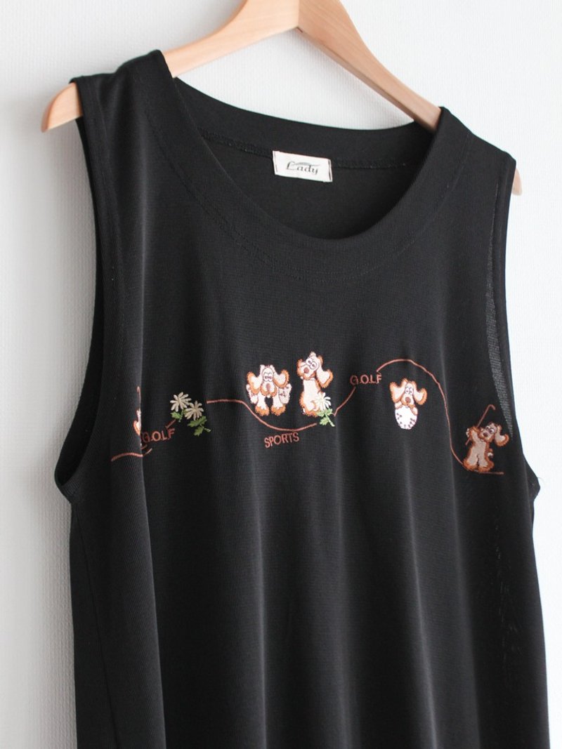夏の韓国製日本の子供のような犬の刺繡黒ノースリーブヴィンテージドレス - ワンピース - ポリエステル ブラック