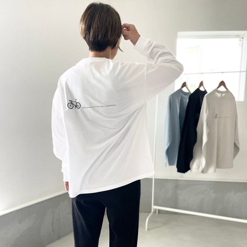 【ユニセックス 】bicycleプリント ビッグシルエット ロングスリーブTシャツ【ホワイト】 - 女 T 恤 - 棉．麻 白色
