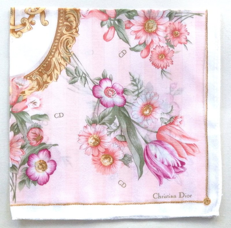 Christian Dior Vintage Handkerchief Floral Pink 19.5 x 19 inches, vintage scarf - 手帕 - 棉．麻 粉紅色