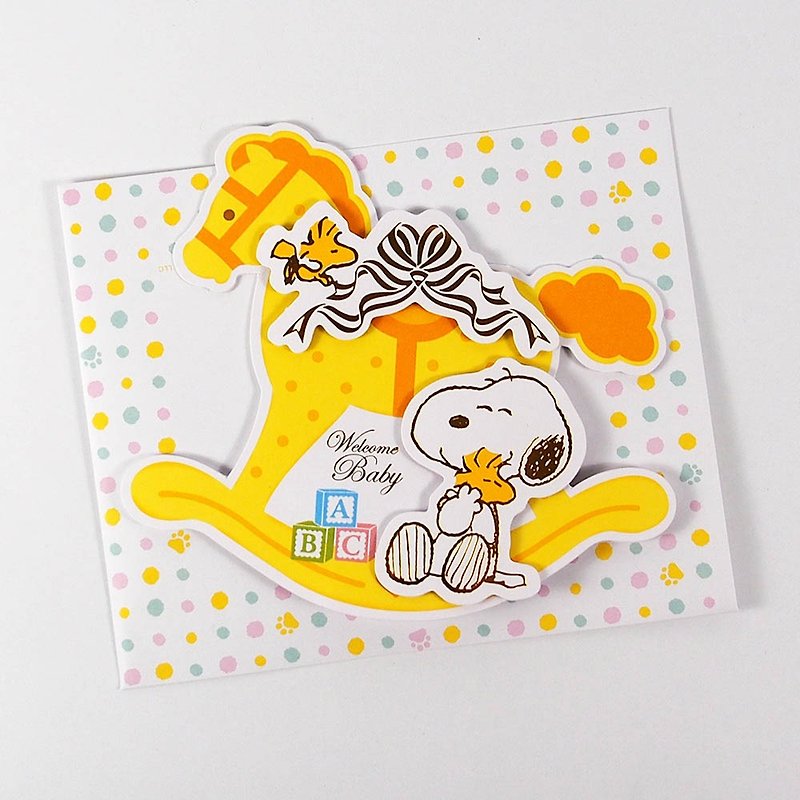 Snoopy welcome baby wooden horse rocking chair [Hallmark Pop-up Card Baby Congratulations] - การ์ด/โปสการ์ด - กระดาษ สีเหลือง