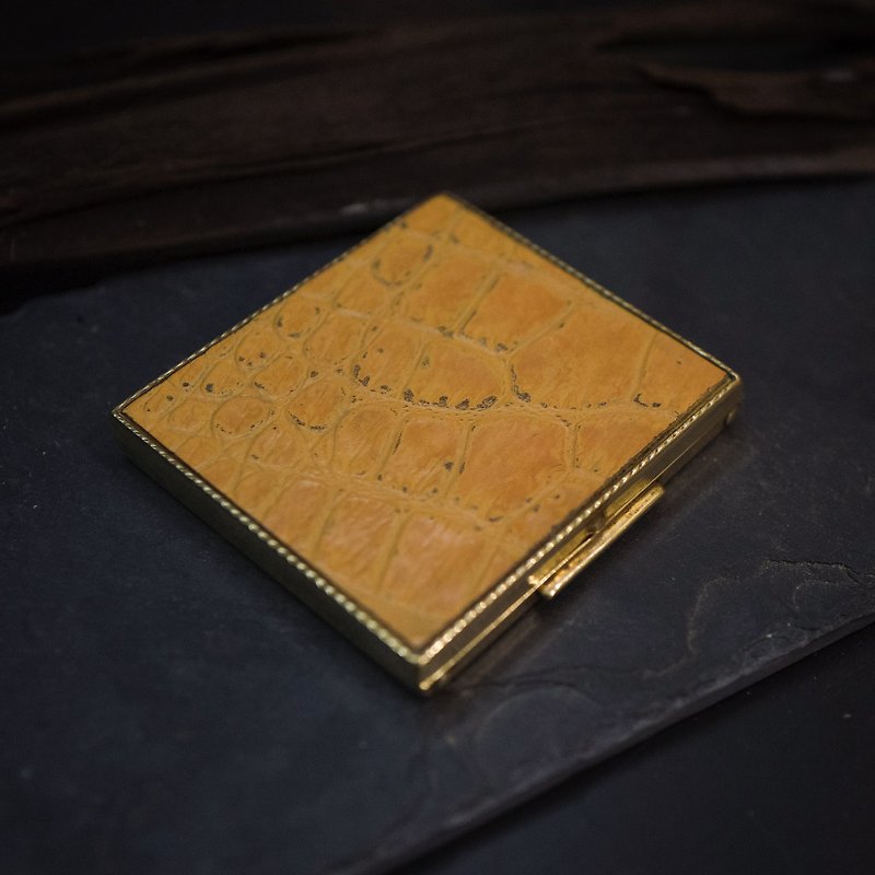 70s美國皮革古董方形黃銅粉盒 - 卡片套/卡片盒 - 其他金屬 橘色