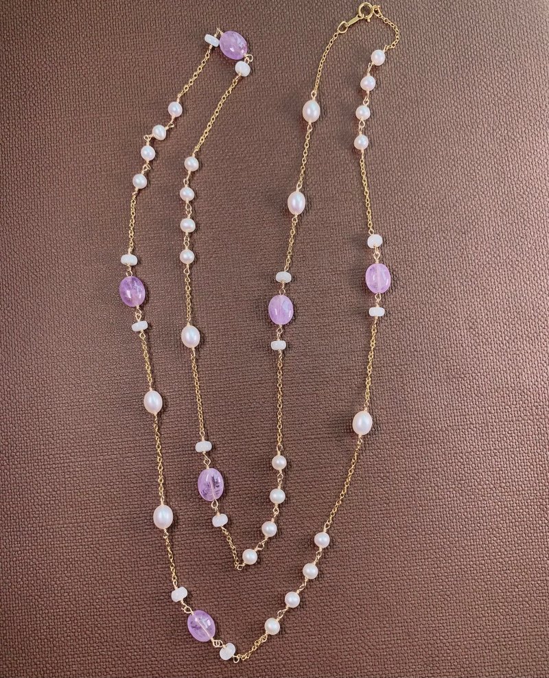 36 inches Amethyst and Pearl Long Necklace | 14KGF | Freshwater Pearl | Amethyst - Necklaces - Gemstone Purple