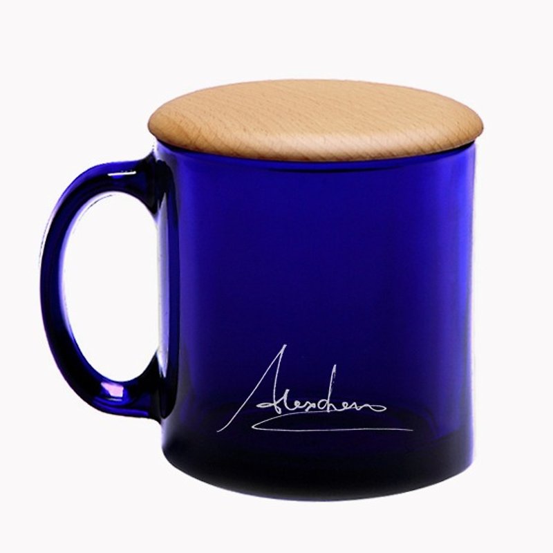 350cc [Blue Dream. English Signatures] US imports cup navy blue mug carved art glass (including the original Wood cover) Customized - Mugs - Glass Blue