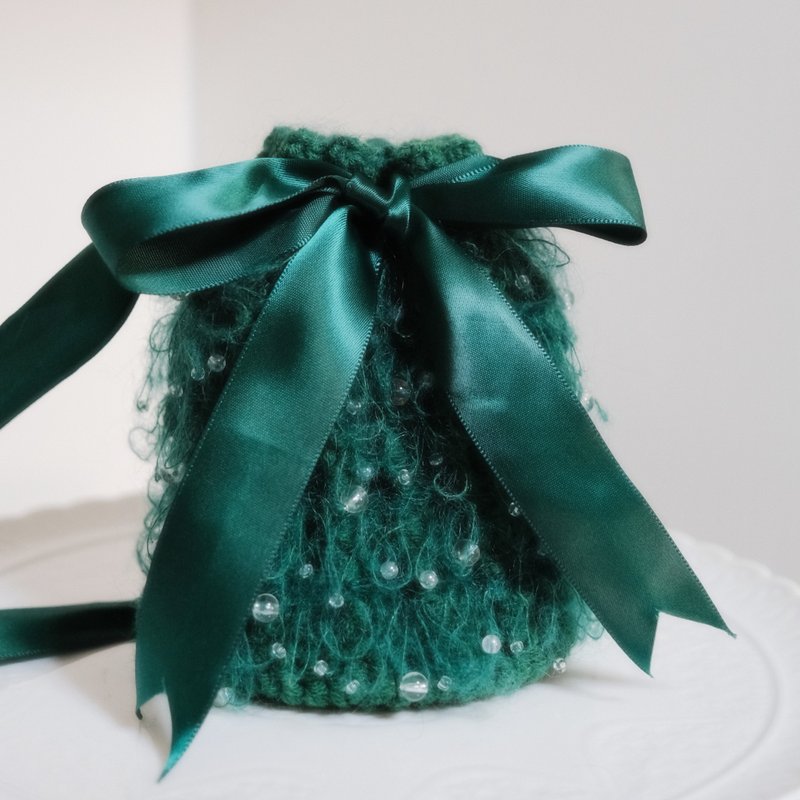 Mini Christmas Tree Crochet Bucket Bag - กระเป๋าหูรูด - ผ้าฝ้าย/ผ้าลินิน สีเขียว