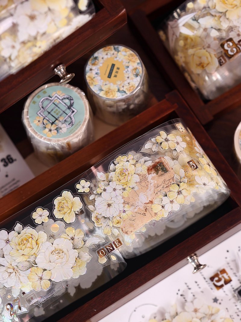 黃玫瑰  復古黃月季花卉和紙PET貝殼光模切手帳膠帶 - 紙膠帶/和紙/PET - 紙 多色