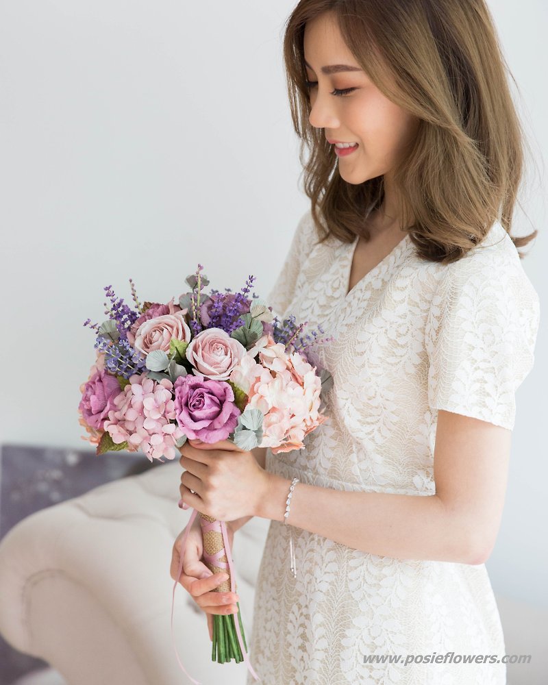 Mauve Rose and Hydrangea Bridal Bouquet - 木工/竹藝/紙雕 - 紙 紫色