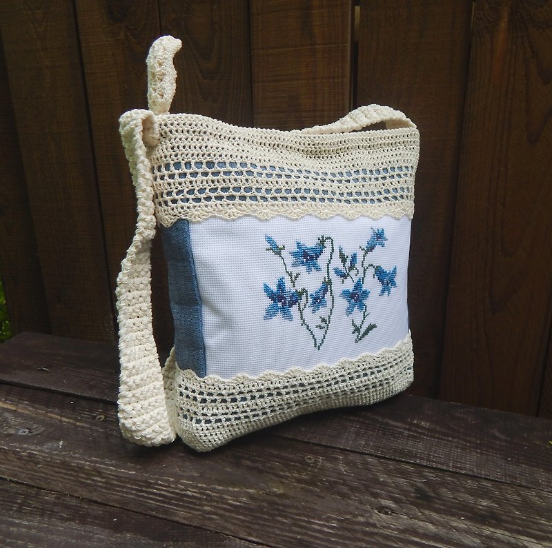 棉．麻 手提包/手提袋 藍色 - White Blue Crochet Bag Knitted Women Accessory Hobo Bag Cotton bag embroidery