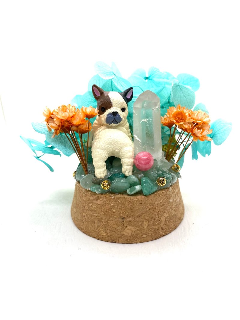 鬥牛犬與白水晶柱/紅紋石-水晶公仔乾燥花擺設 - 擺飾/家飾品 - 水晶 