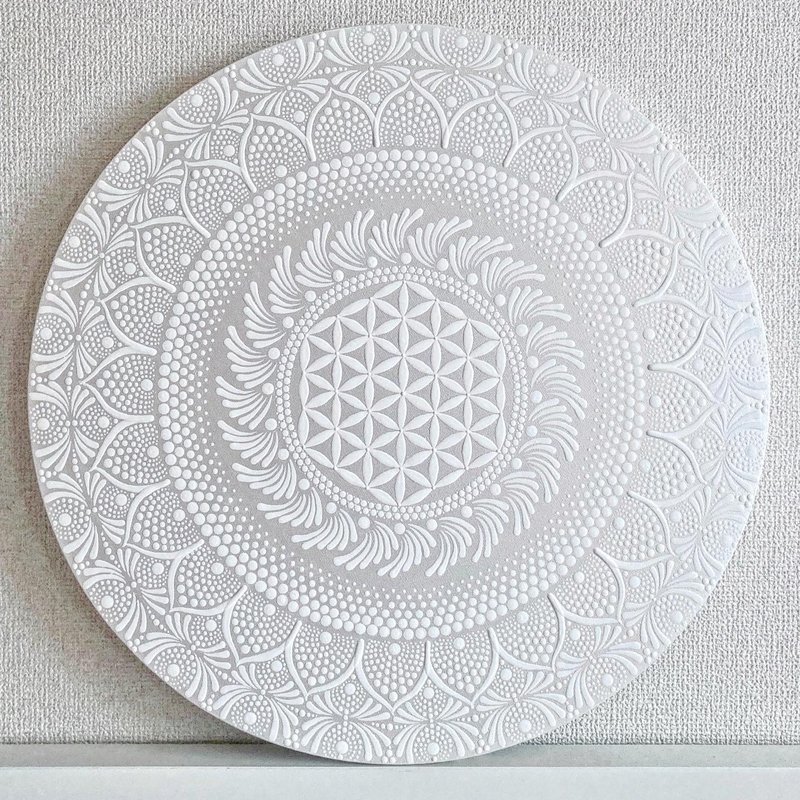 Flower of Life  Dot Mandala  All White  White Sun 50cm - Posters - Cotton & Hemp White