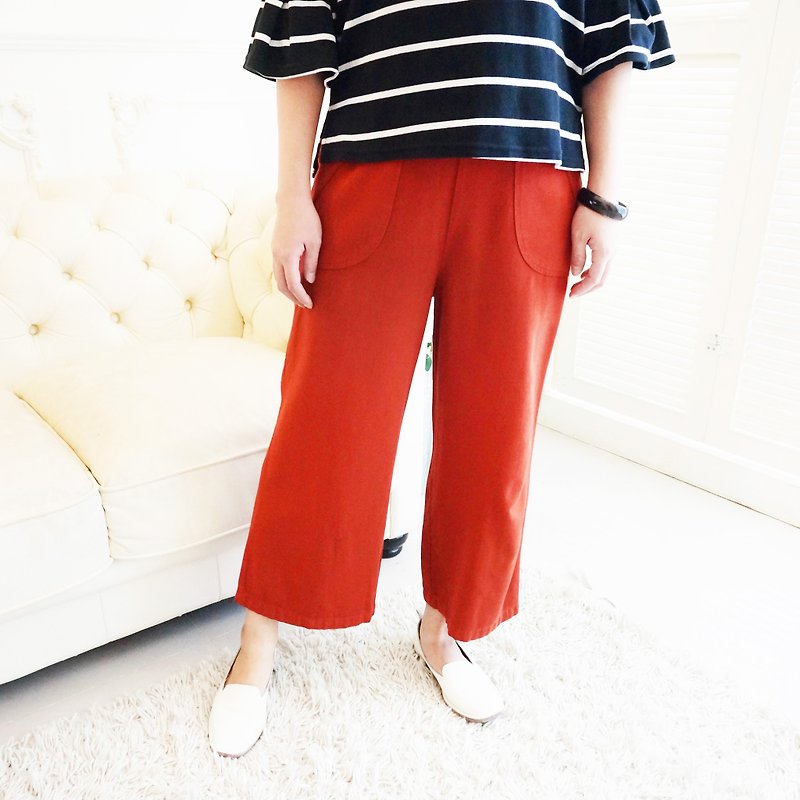 Cotton double pocket slim nine points wide pants / autumn orange - กางเกงขายาว - ผ้าฝ้าย/ผ้าลินิน สีแดง