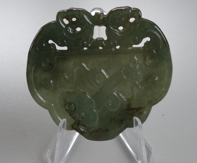 天然A貨翡翠彫刻牌 23.9g 玉彫 油青種 ミャンマー翡翠 A貨 鼠来宝 如意