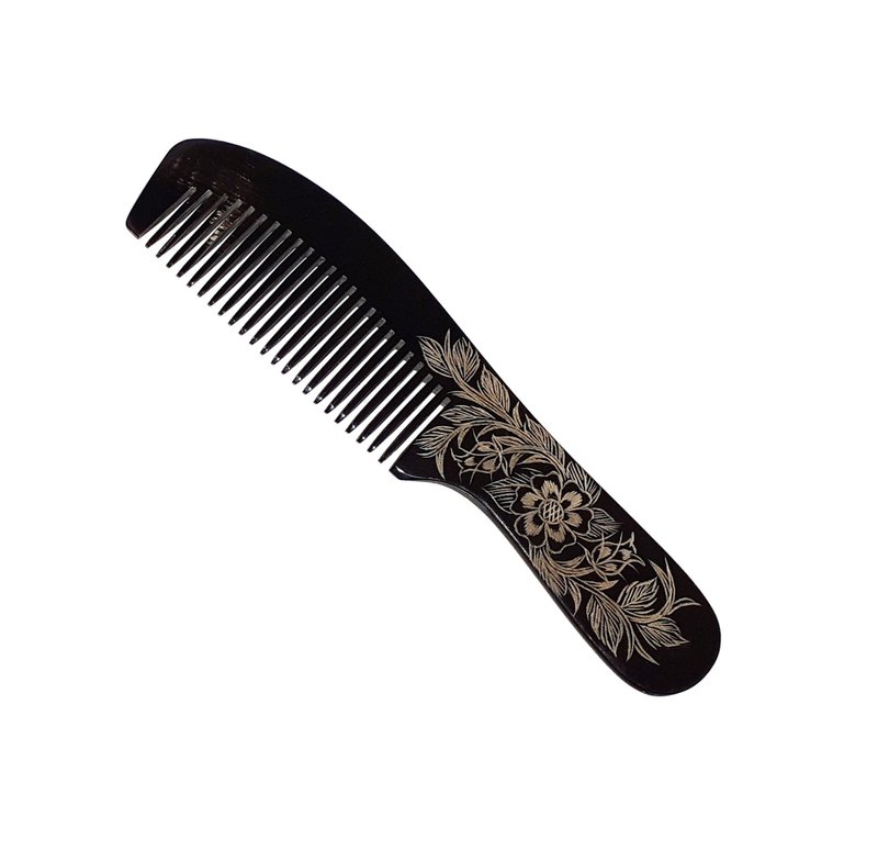 Fine Tooth Comb Buffalo Horn Anti-Static Hair Styling Detangling Comb for Hair - 髮圈/髮夾 - 環保材質 黑色