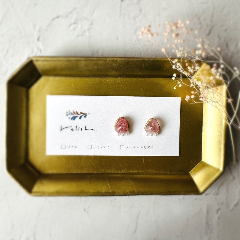 Pink Epitode Pearl Kintsugi Line Clip-On Natural Stone Gorgeous Feminine Small Small Simple Pink Gold Gold - Earrings & Clip-ons - Stone Pink