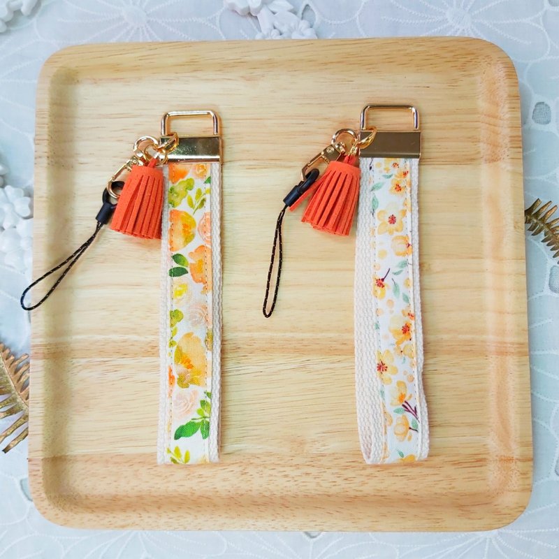 Orange Korean Floral Cloth Tassel Mobile Phone Anti-fall Wrist Strap - Lanyards & Straps - Cotton & Hemp Orange