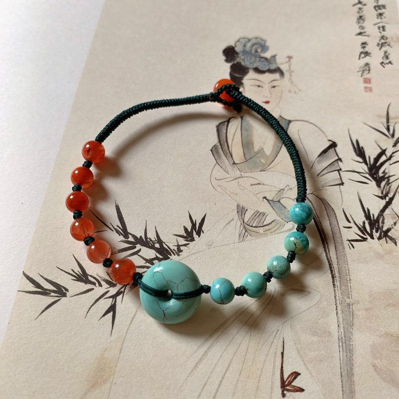 手作 游鄉。天然綠松石平安扣編織手鏈 南紅瑪瑙手繩復古文藝原創 - 手鍊/手環 - 其他材質 綠色