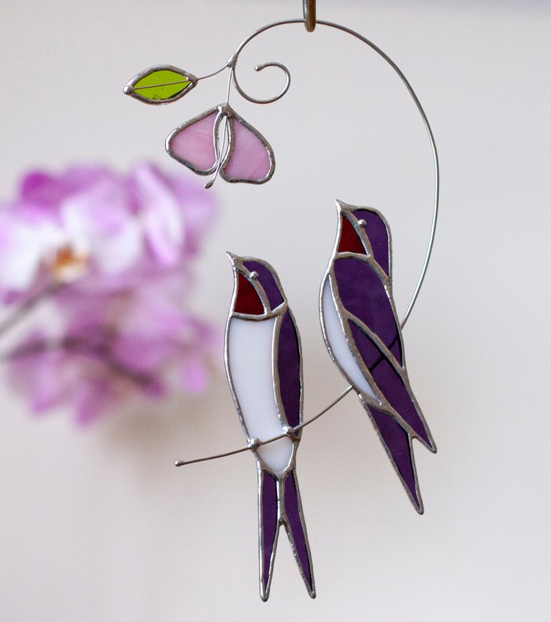 Stained glass swallow bird. Hanging suncatcher spring bird. - Wall Décor - Glass Pink