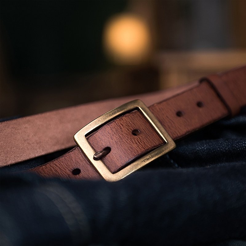 American vintage brass buckle cowhide belt, leather belt, wide men's trouser bag - เข็มขัด - หนังแท้ 