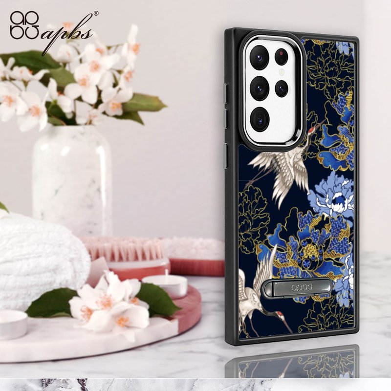 S24/S23 series military-standard anti-fall aluminum alloy lens frame stand mobile phone case-Ukiyoe Peony and Crane - เคส/ซองมือถือ - วัสดุอื่นๆ หลากหลายสี