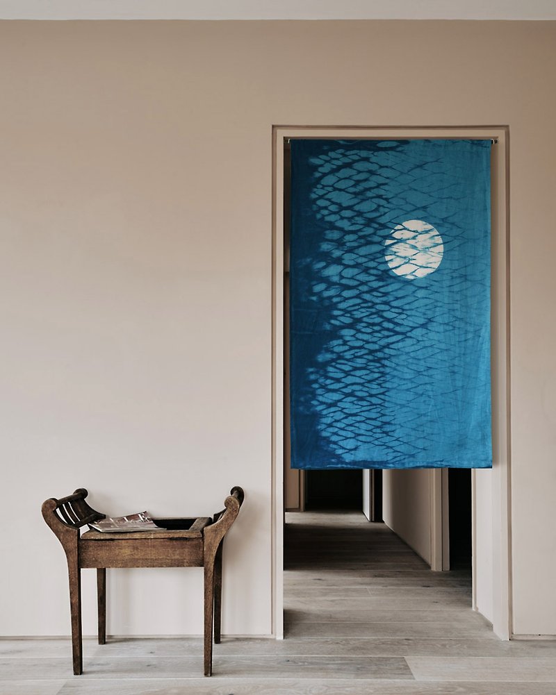 Blue Dyed Linen Hanging Curtain Plant Dyeing Tie Dye Decorative Painting Feng Shui Curtain Door Curtain Water Ripple Moon - Doorway Curtains & Door Signs - Cotton & Hemp Blue