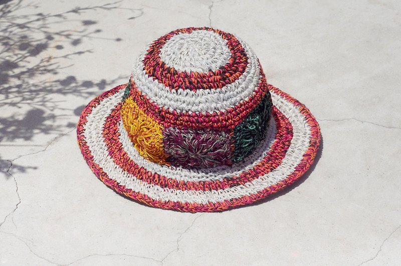 限定版の手織りコットンリネンキャップ / ニットキャップ / 帽子 / 麦わら帽子 / バイザー / クロシェットハット - 鮮やかなコントラストカラーの熱帯雨林の花が織り成す - 帽子 - コットン・麻 