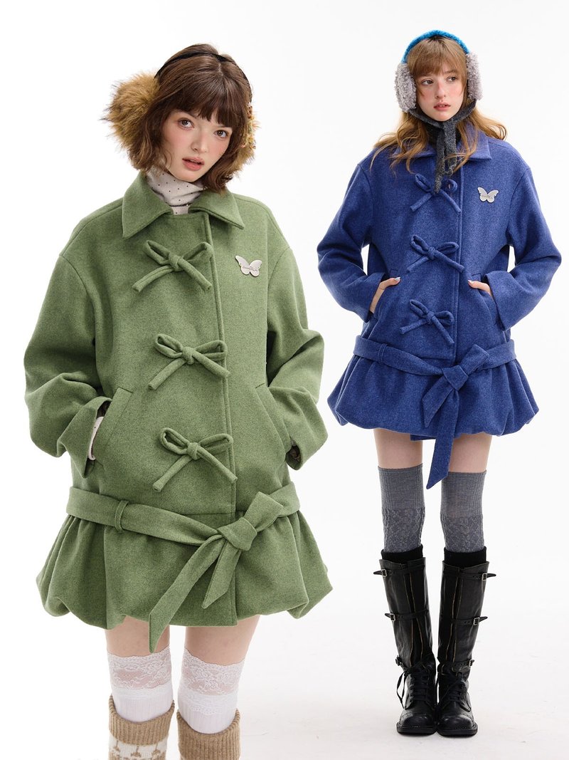 ziziFei秋冬美式復古設計感蝴蝶結兜兜下擺中長款毛大衣外套女 - 女上衣/長袖上衣 - 其他材質 