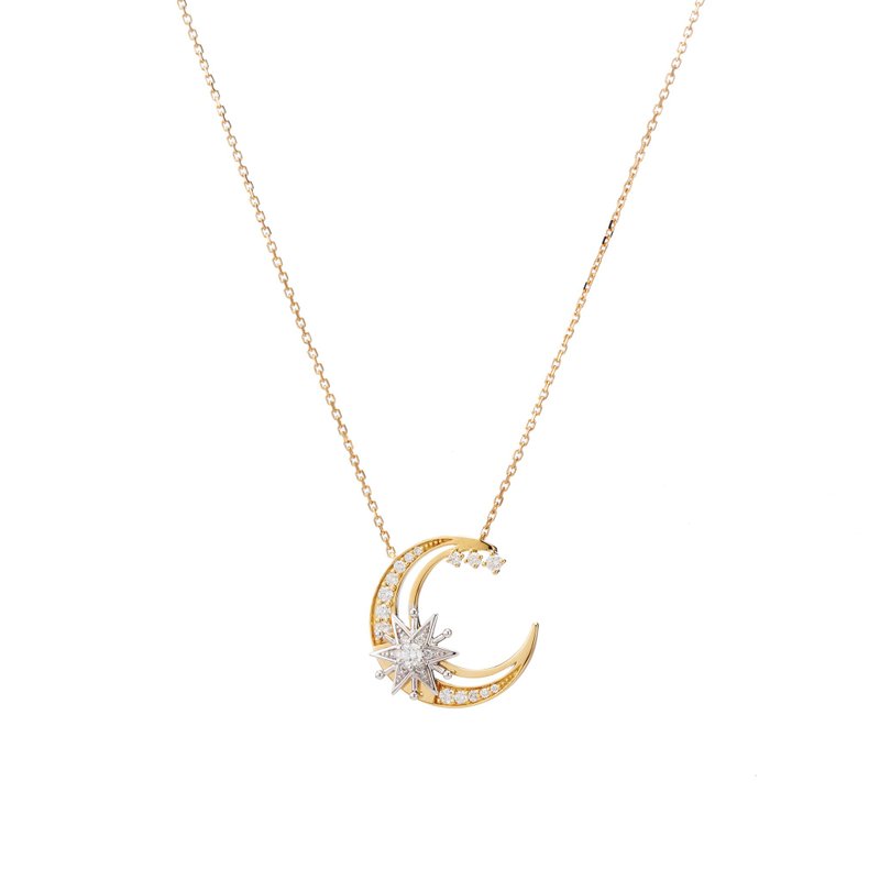 18K Star and Moon Two Tone Long Chain 50cm - สร้อยคอ - เครื่องประดับ สีทอง