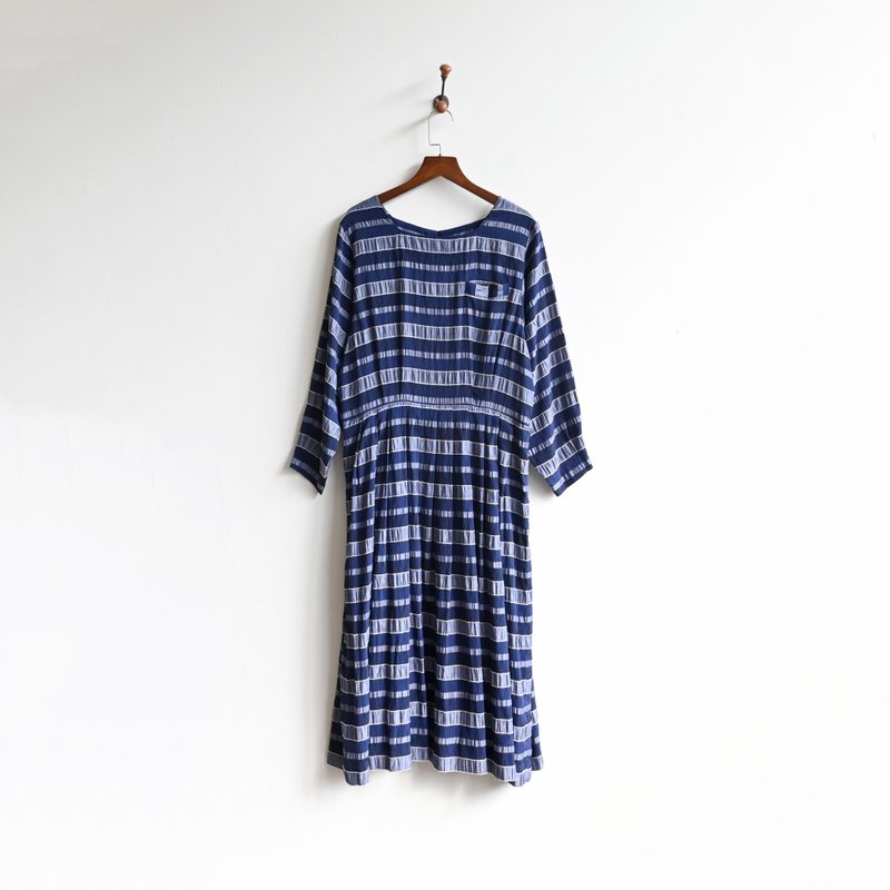 [Egg Plant Vintage] Sea metaphor texture jacquard long-sleeved vintage dress - One Piece Dresses - Other Man-Made Fibers Blue