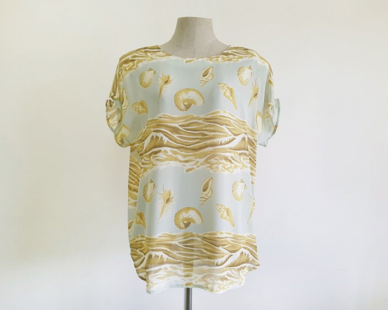 復古藍色貝殼印花雪紡透明蝙蝠袖上衣 L - 女裝上衣 - 聚酯纖維 咖啡色