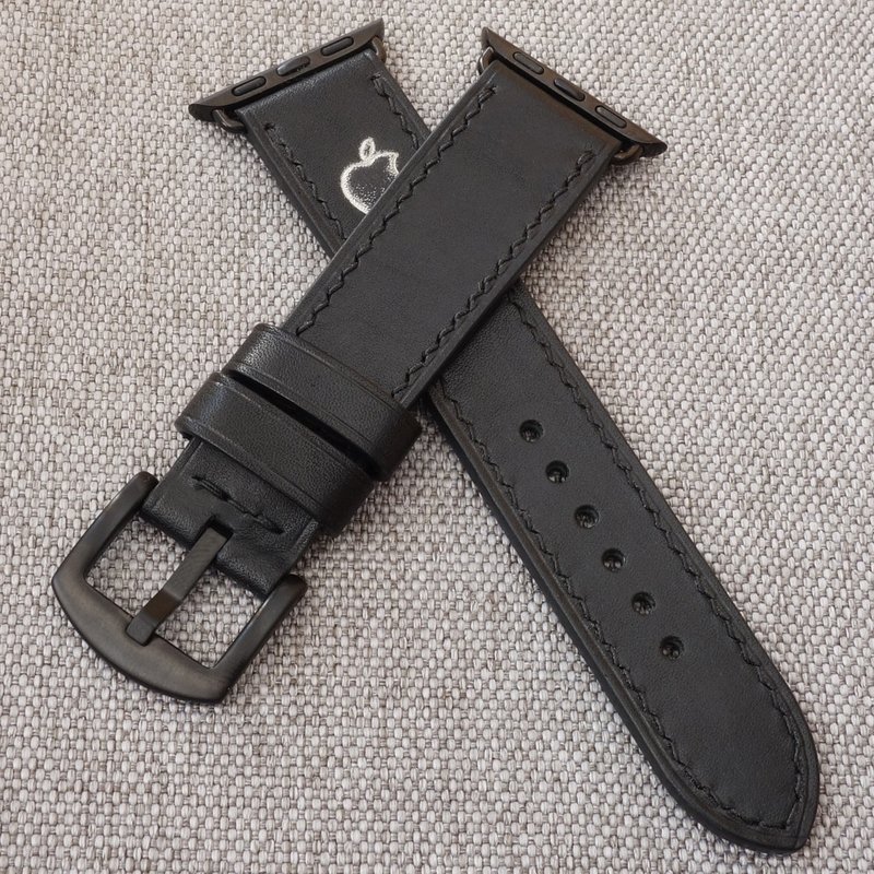 For Apple watch Black strap, genuine leather, handmade, all series - สายนาฬิกา - หนังแท้ สีดำ