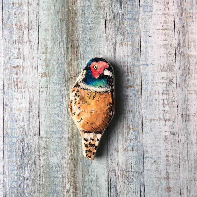 手工製 手繪鳥類別針 環頸雉 - 胸針/心口針 - 黏土 多色
