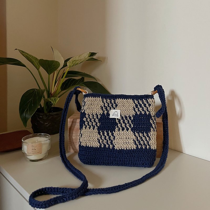 Handmade Checkered Crochet Bag Khaki& Navy Blue/ Shallow Lake Green & Dark Green/ Khaki& Coffee - Messenger Bags & Sling Bags - Cotton & Hemp Green