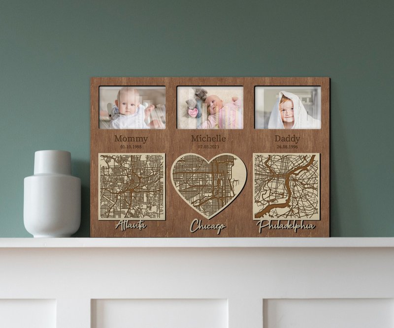 Custom family photo gallery Personalized picture frame collage City skyline map - 壁貼/牆壁裝飾 - 木頭 咖啡色